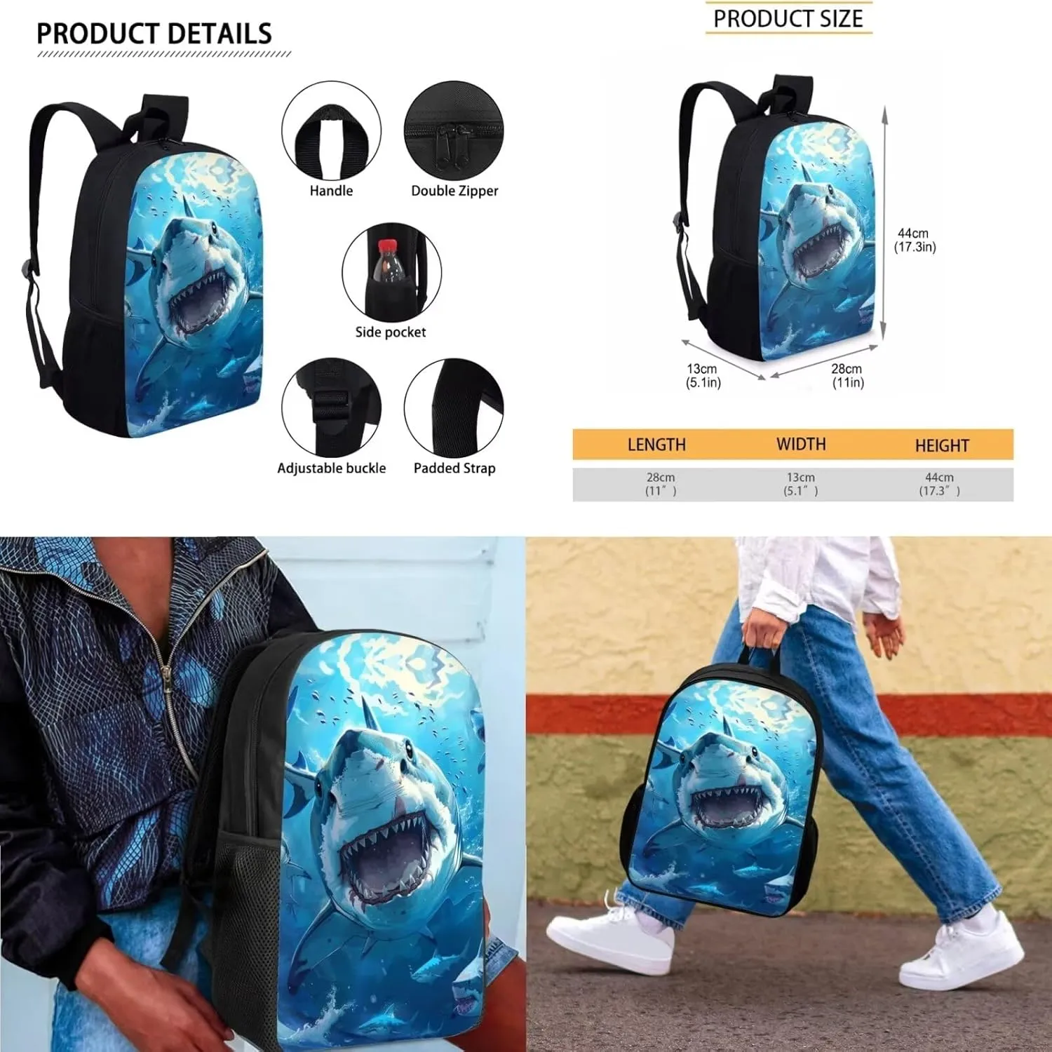 Ystardream Cool Shark Backpack for Boys School Bag Set with Lunchbox and Pencil Bag, 3 Pcs Set Bookbag Travel Daypack Laptop Backpack for Kids Girls Boys Preschool Backpack Boys 17 inch